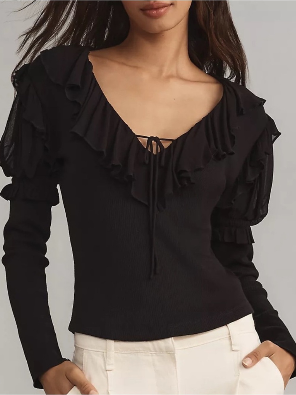 Anthropologie Long-Sleeve Ruffle Top Extra Small Black Ruffled V-Neck